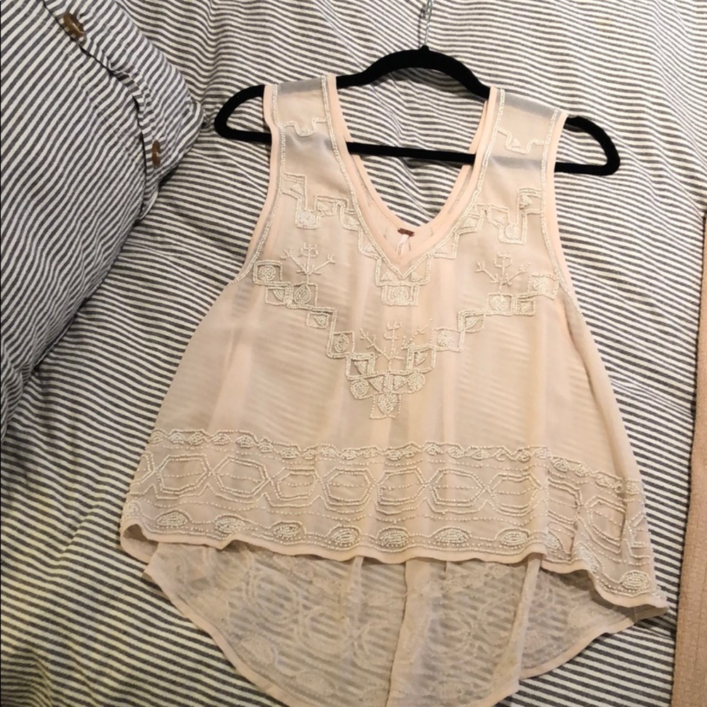 Free People Sheer Pink Tank with White Beading